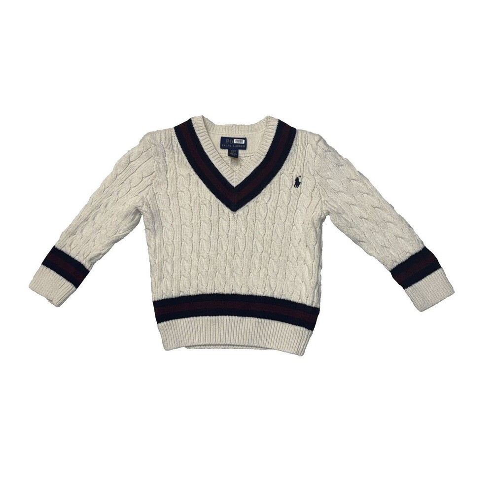 Polo Ralph Lauren Boys Cricket Cable-Knit V-Neck Cotton Sweater Size 2 / 2T